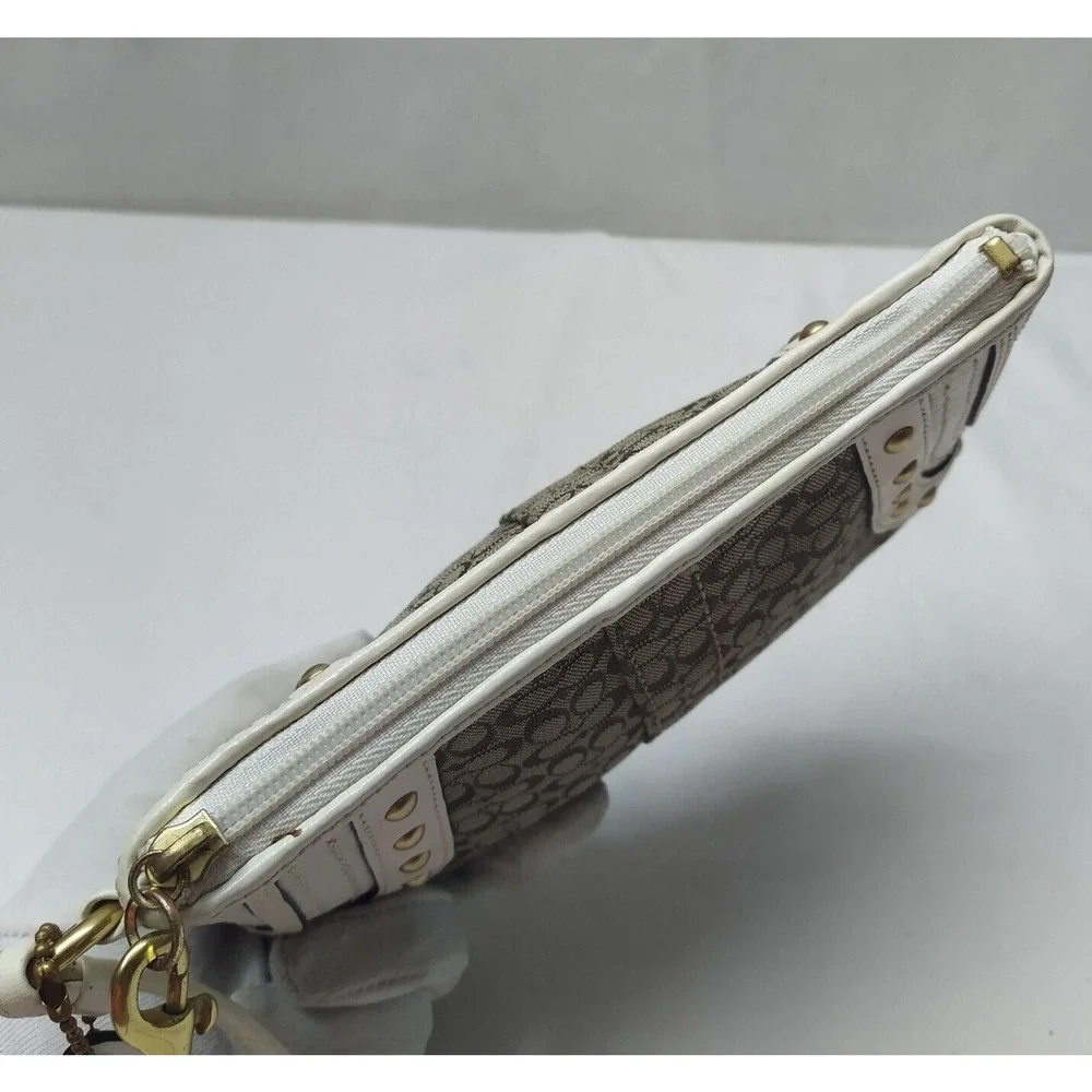 Coach Mini C Brown Canvas Leather Trim Studded Zipper Wristlet - Coin Wallet